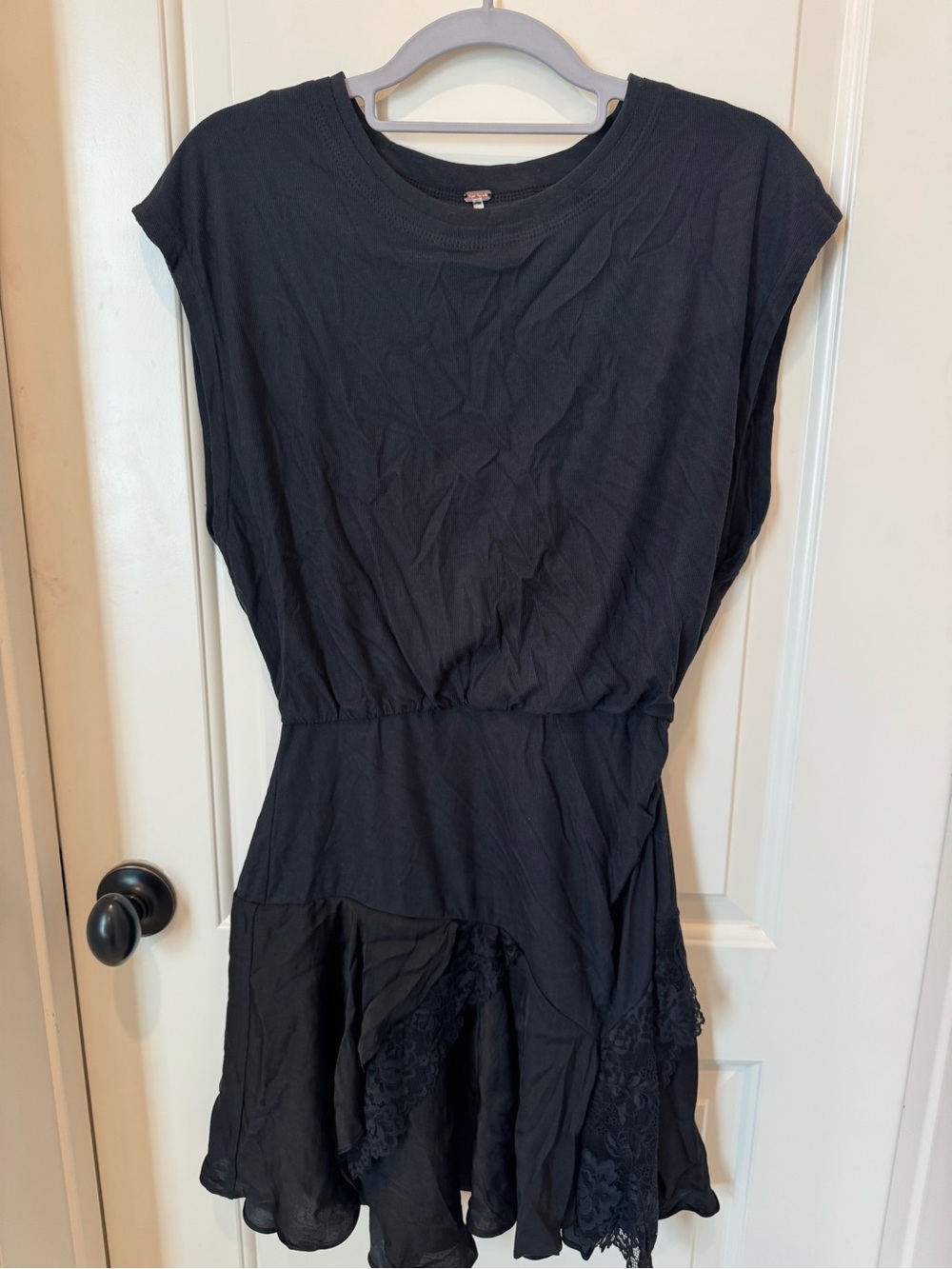 Free People Jazzy Black Elastic-Waist Lace-Trim boho Dress LBD